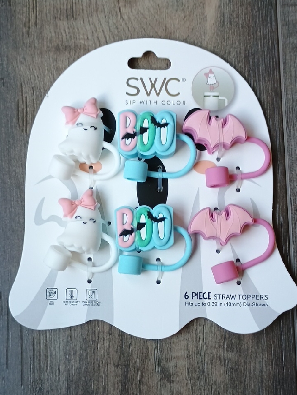 Kids Halloween Straw Toppers - Pink, Teal & White - 6-Pack